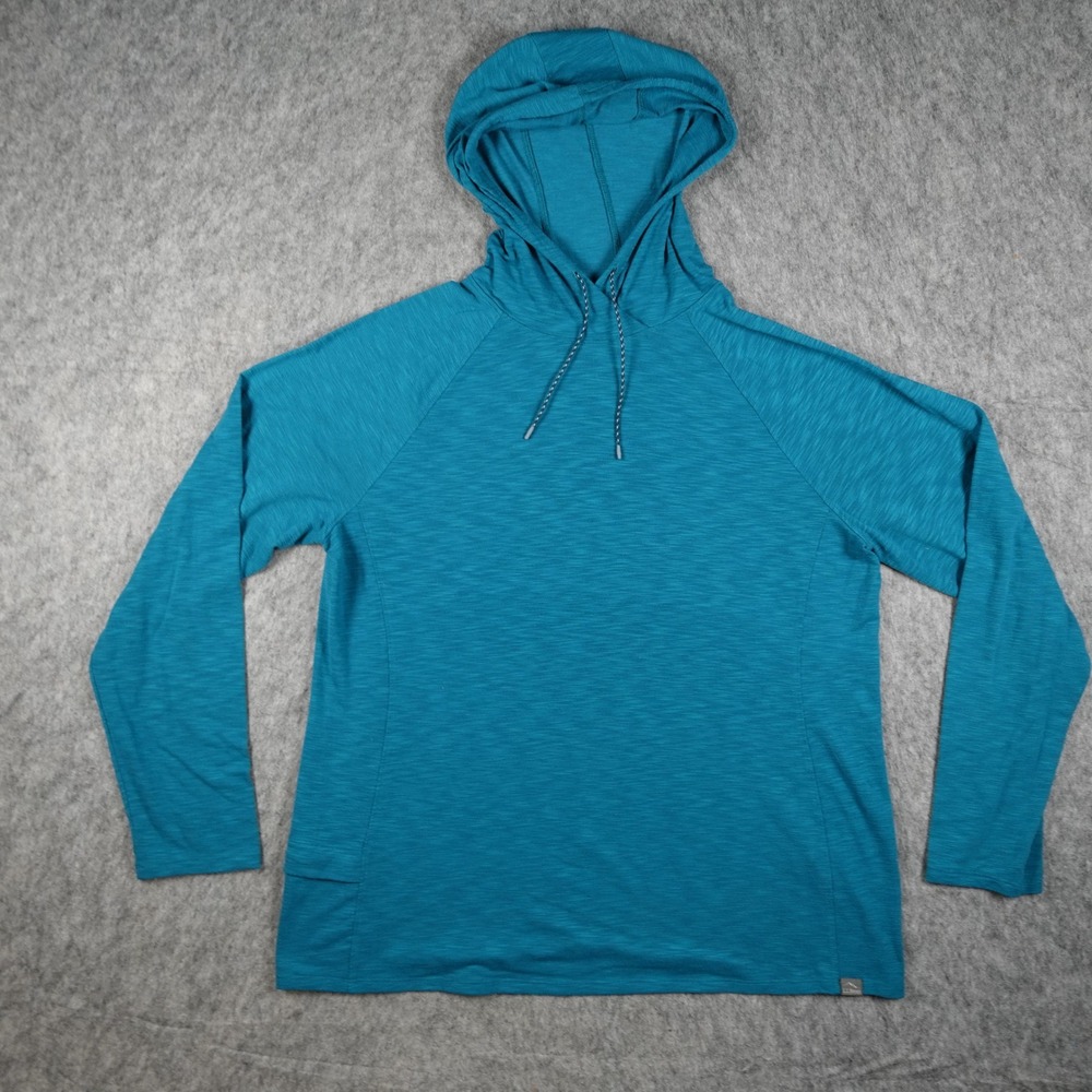 LL Bean Top Women Large Teal Blue Hooded Slub Knit Long Sleeve Active Pullover